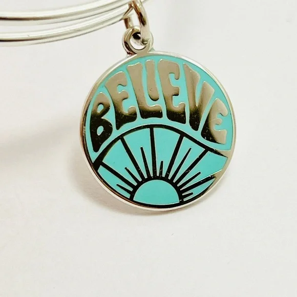 Alex and Ani Shiny Silver Bracelet with Teal 'Believe' Charm - Picture 6 of 7